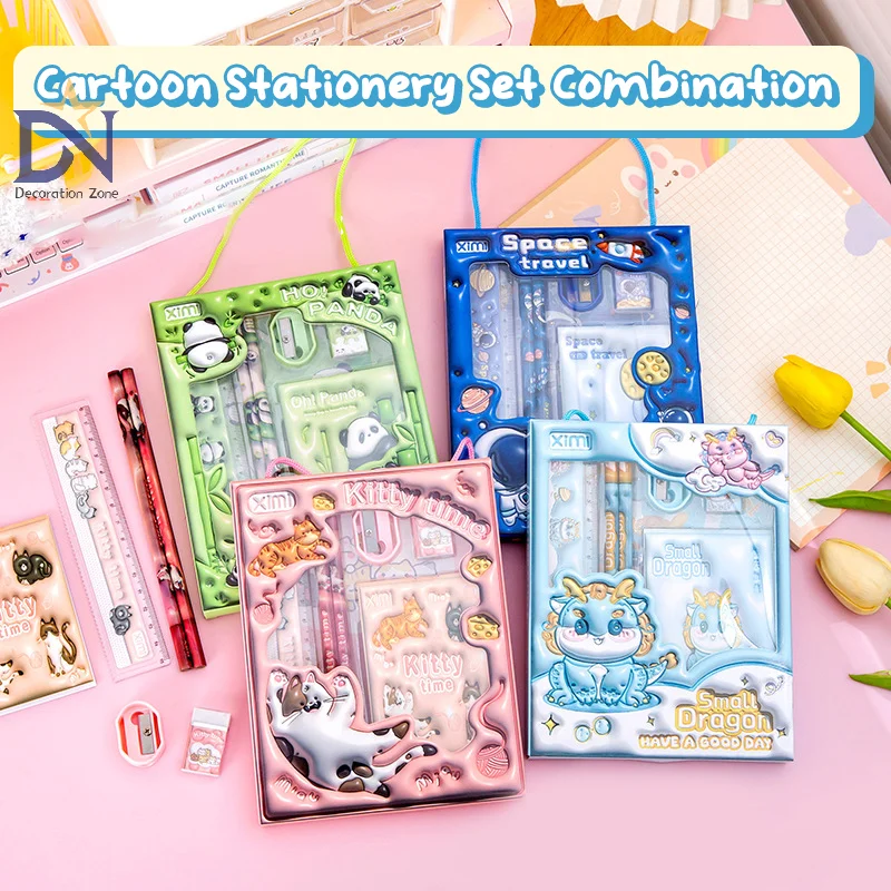 

Cartoon Handheld Stationary Set Panda Pencil Dragon Eraser Astronaut Ruler Pencil Sharpener Cat Notebook W/Packaging Package