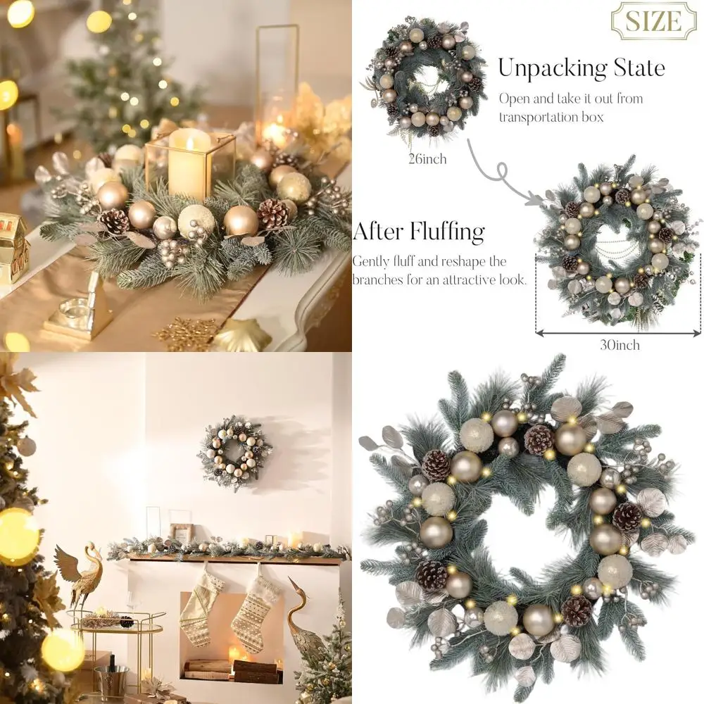 

24-дюймовый предварительно освещенный рождественский венок с белыми и золотыми шариками для уличного праздничного декора дверей, крыльца и окон