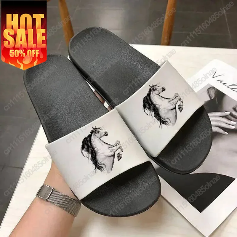 Summer Women Home Indoor Slippers Horse Print Beach Slides Non-Slip Filp Flops Thick Flat Bottom Sandals Ladies Shoes 2022