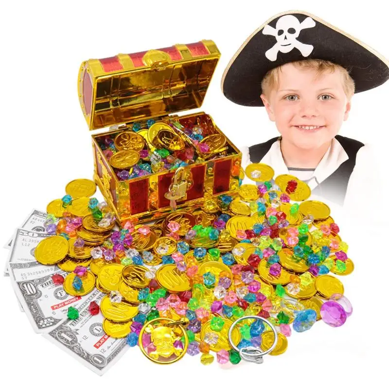 Treasure Box Gold Coins Fake Treasure Box For Kids With Gem Gold Coins Antique Color With Lock For Party Favors Props Decoration