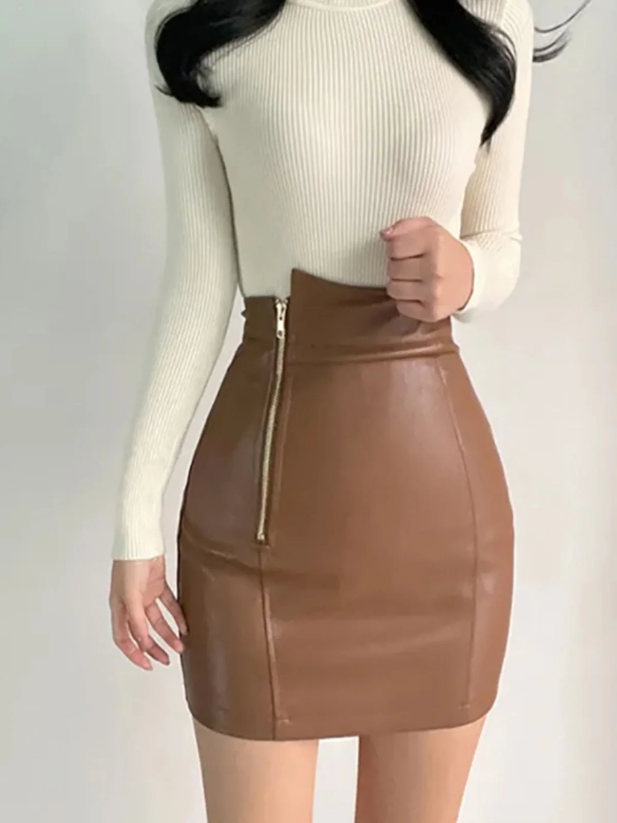 Bla Gonna in pelle PU a vita alta con cerniera Faion da donna Casual A-Line Gonna ort asimmetrica All-Match Autunno Inverno...