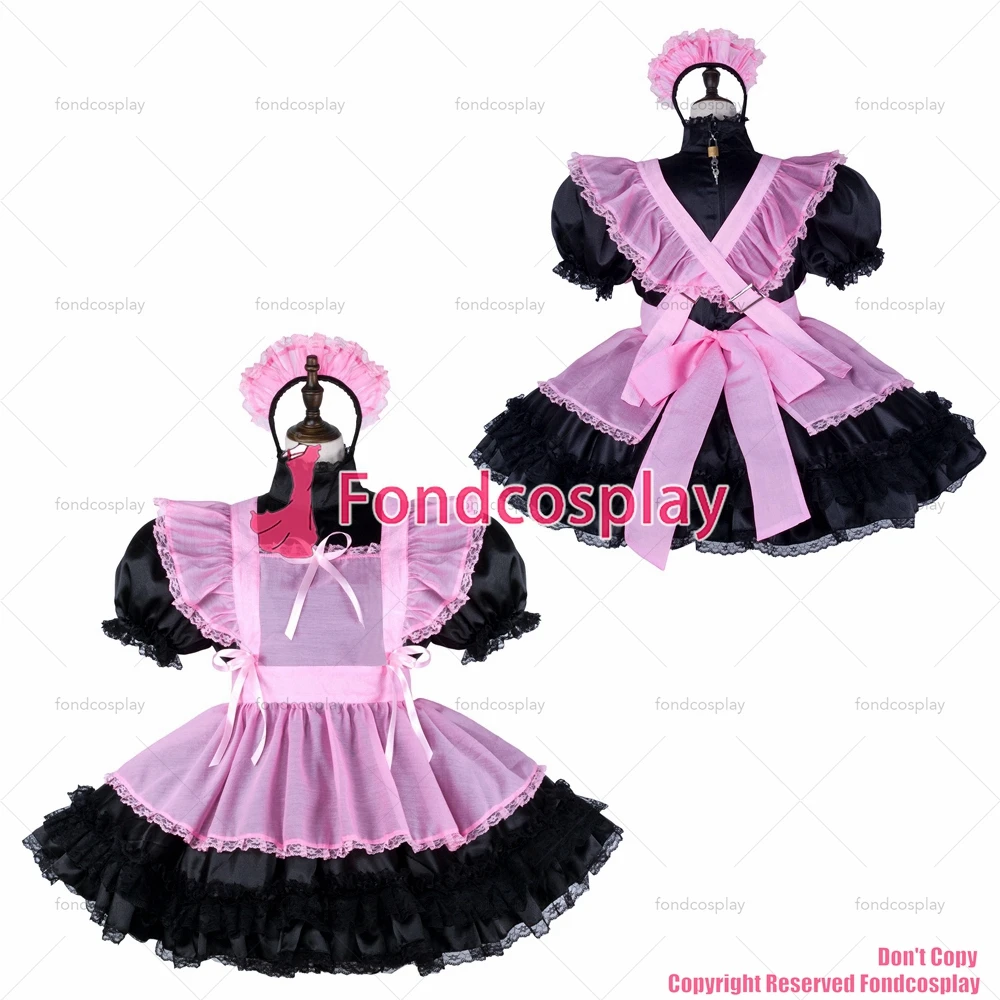 

fondcosplay adult sexy cross dressing sissy maid short black satin dress lockable Uniform pink organza apron CD/TV[G2332]