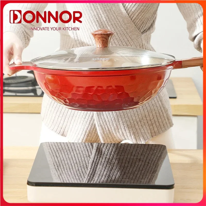 

DONNOR Non-Stick Ceramic Skillet Red Frying Pan With Lid Healthy Omelette Pan with Bakelite handle Universal Woks Steak Pancake