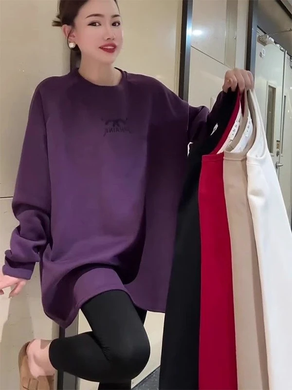 

Large Size 300 Pounds Retro European round Neck Embroidered Sweatshirt Women Loose Mid-Length Butt Covering Top Autumn 240