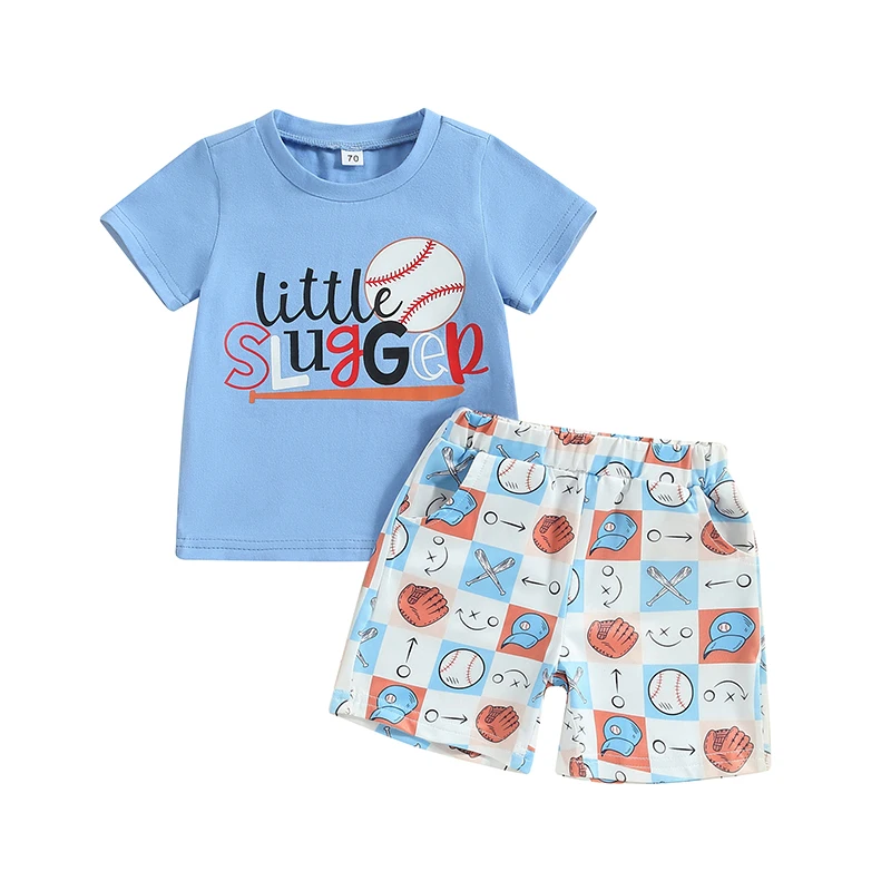 Toddler Boys Summer Shorts Sets Blue Short Sleeve Letter Print Tops and Baseball Print Shorts Sets