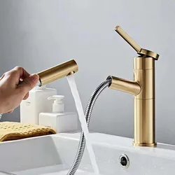 Brush Gold Basin Faucet Bathroom Sink Tap Brass Pull Out Single Lever Bathroom Water Mixer Crane Hot and Cold Sink Tap