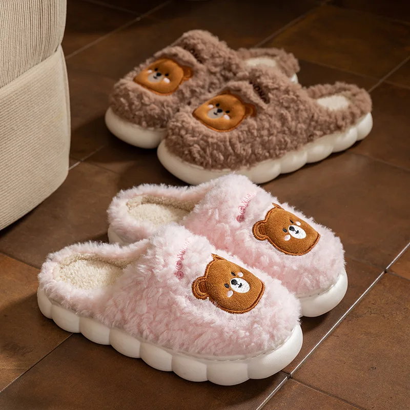 

Зимние домашние хлопковые тапочки для пар, стильные женские и мужские повседневные нескользящие теплые меховые тапочки на толстой подошве с рисунком медведя