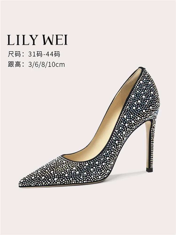 حذاء نسائي بكعب عالٍ ربيعي جديد بمقدمة مدببة وكتلة ألوان من حجر الراين مقاس كبير وتفاصيل ماسية للولائم