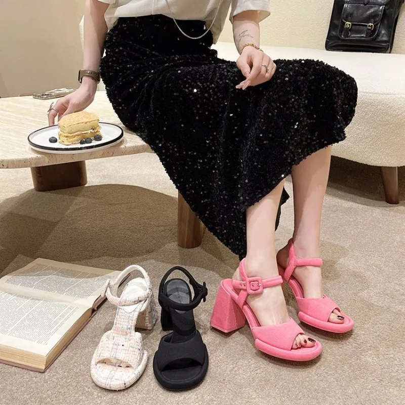 Open Toe Thick Heeled Sandals for Women 2023Summer New Vintage French High Heels Simple and Elegant Round Toe Casual Women Shoes