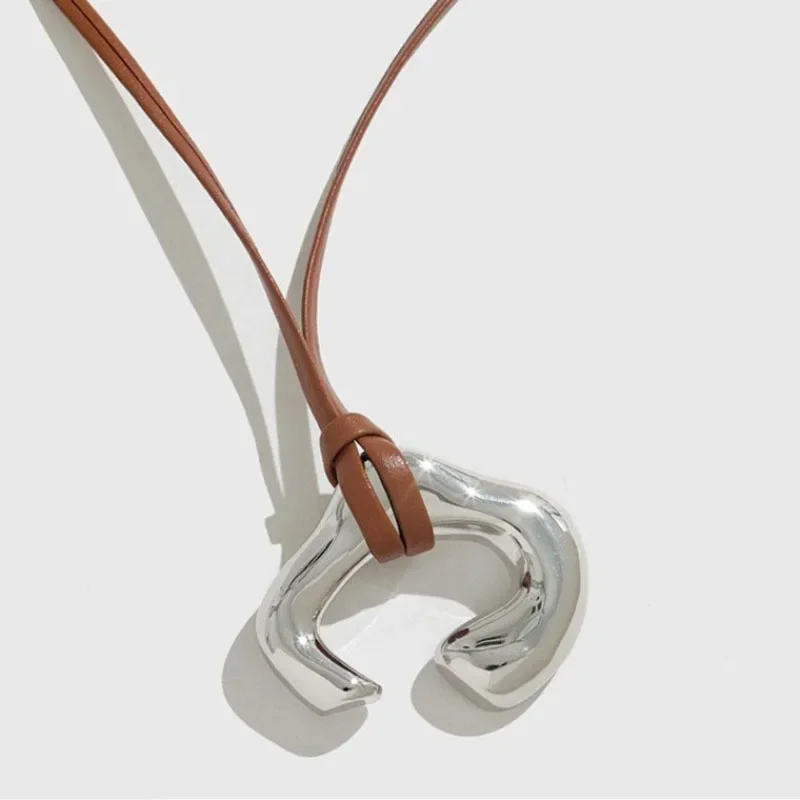 

silver 925 brown leather rope necklaces Simplicity art glossy pendant light luxury Laziness casualness jewellery women gifts