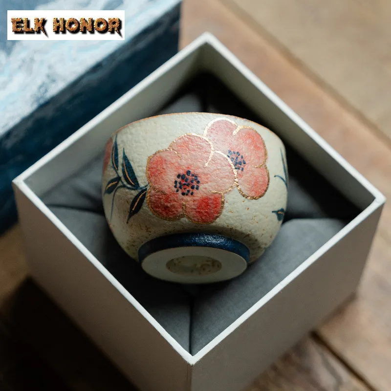 

100ml Hand-painted Peach Blossom Teacup Antique Tea Bowl Jug Tea-tasting Meditation Cup Chazhan Master Cups Teaware Collection