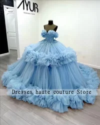 New Blue Tulle Ball Gown Quinceanera Dresses 2025 Crystals Appliques Ruffles Sweet 15 Dress Customized Vestidos De 15 Años