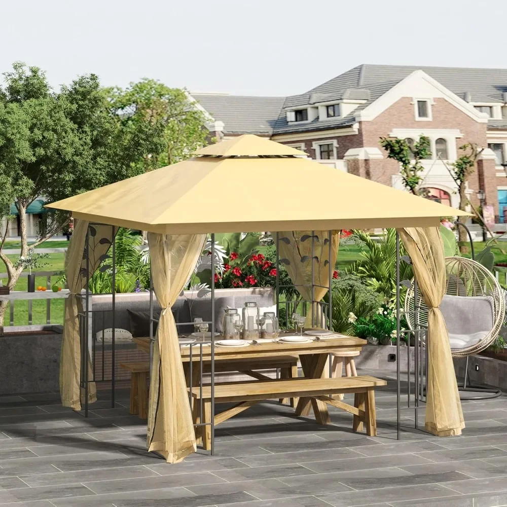 10' x 10' Metal Patio Gazebo, Double Roof Outdoor Gazebo Canopy Shelter with Tree Motifs Corner Frame and Netting, Beige