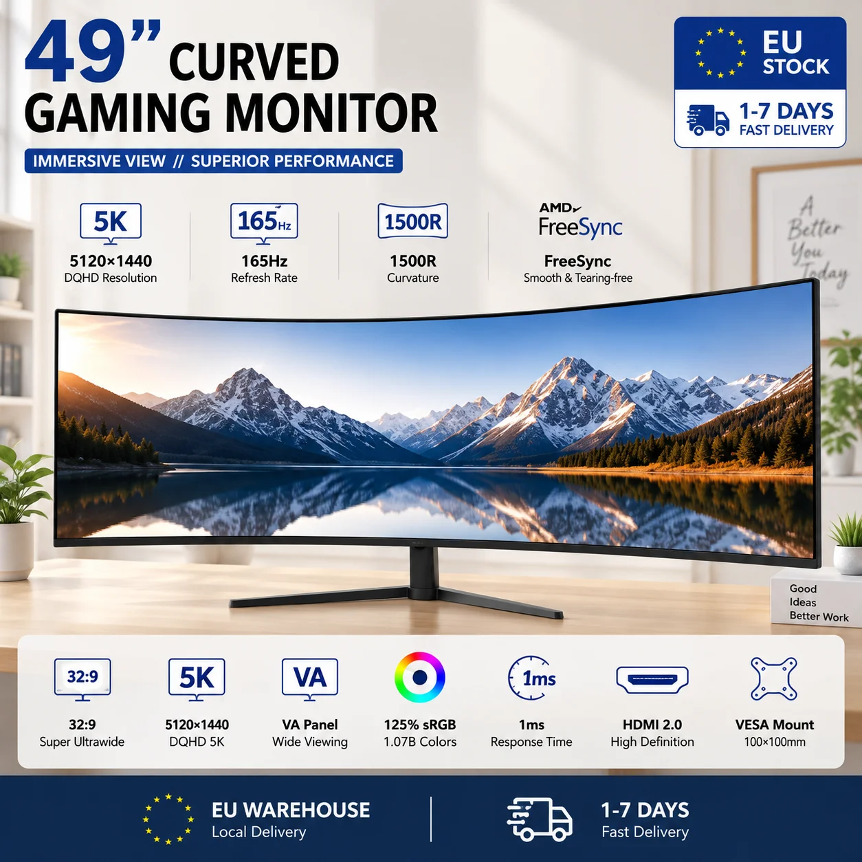 Monitor curvo para juegos Crua GF490F de 49 pulgadas, pantalla ultraancha para PC con curvatura de 1500R, 5K, 165 Hz, panel DQHD de 5120 x
