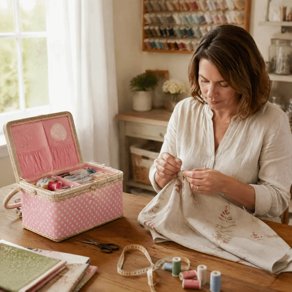 Detachable Tray Sewing Basket Organizer Inner Bag Pink Polka Dots Large Capacity Sewing Box Medium Size Internal Needle Pad