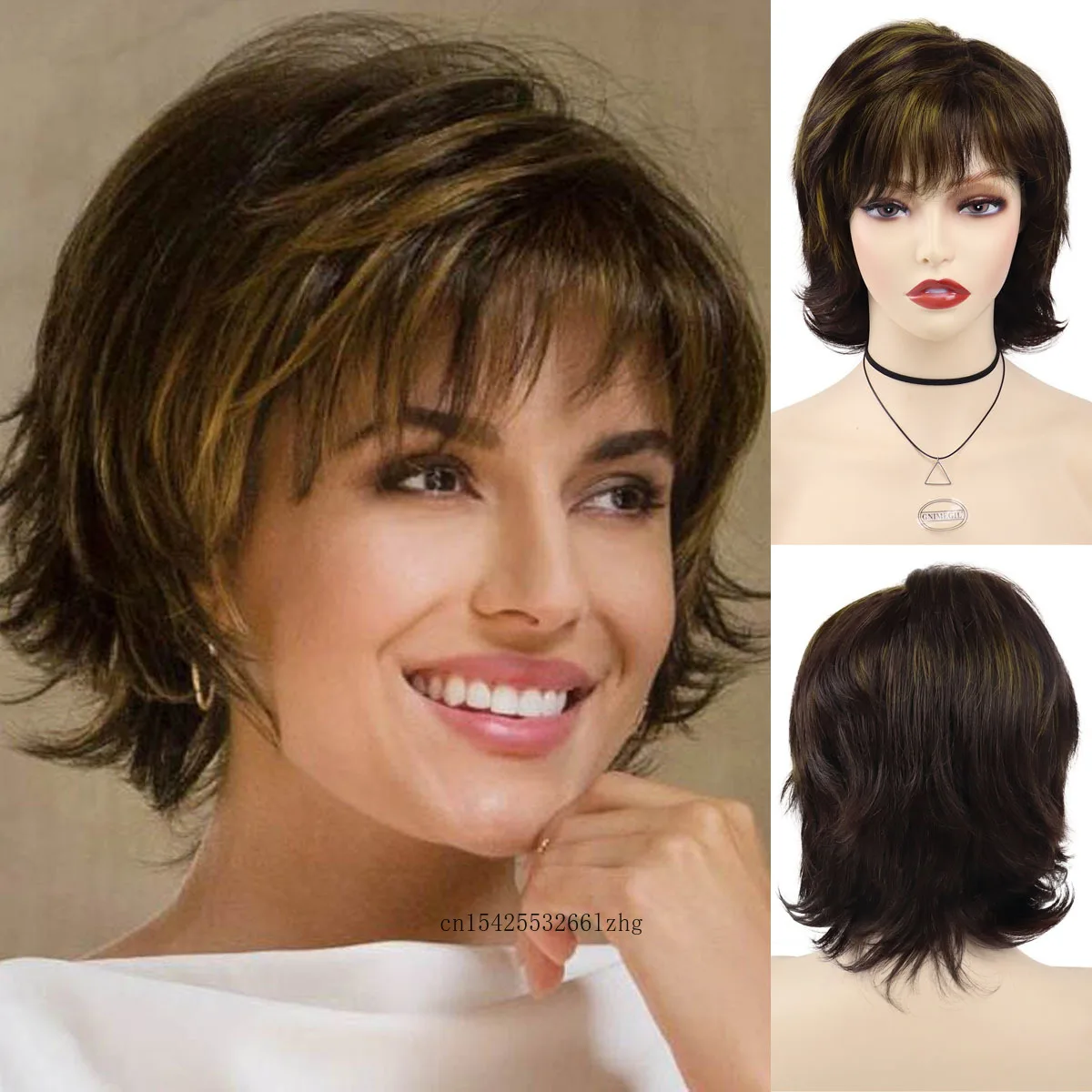 

GNIMEGIL Synthetic Short Bob Cut Wig for Women Blonde Highlight Wig Natural Curly Hair Wig with Bangs Daily Cosplay Halloween