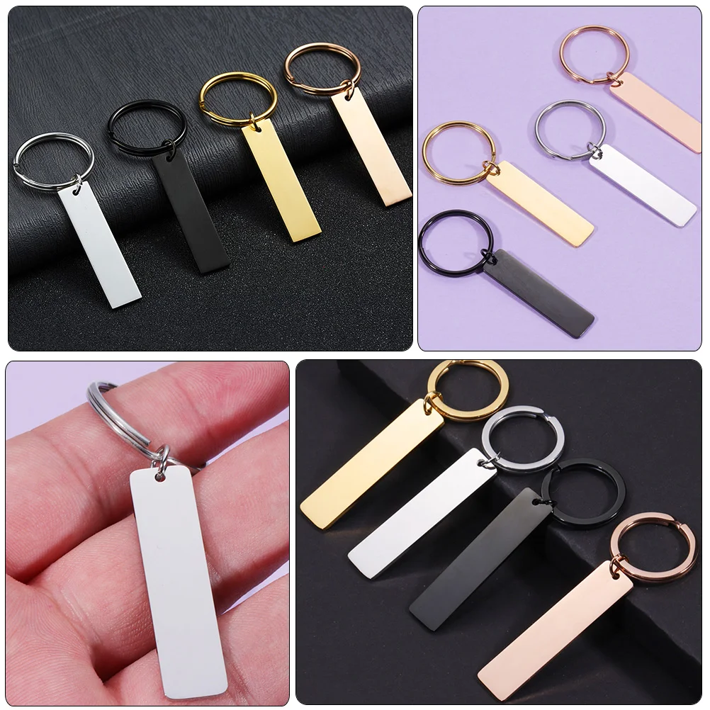 5 Pcs Rectangle Glossy Strip Hangtag Keychains Lanyard for Keys Stainless Steel Rings