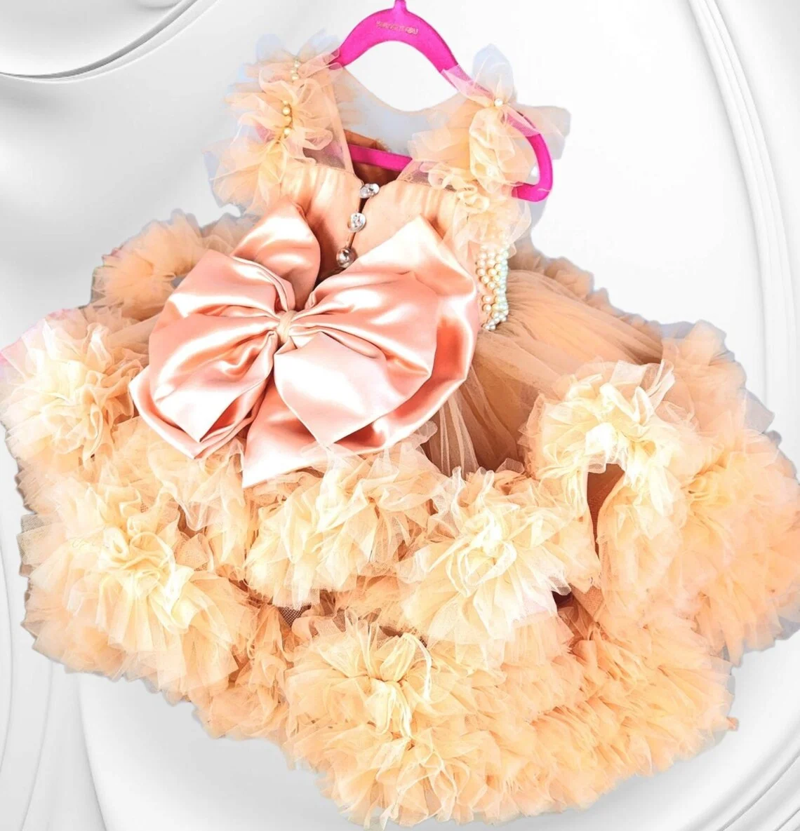 Fuchsia Short Pearls Flower Girl Dresses Baby Girl Tiered Tulle Princess Dress Knee Length Kids Girls Birthday Party Gowns