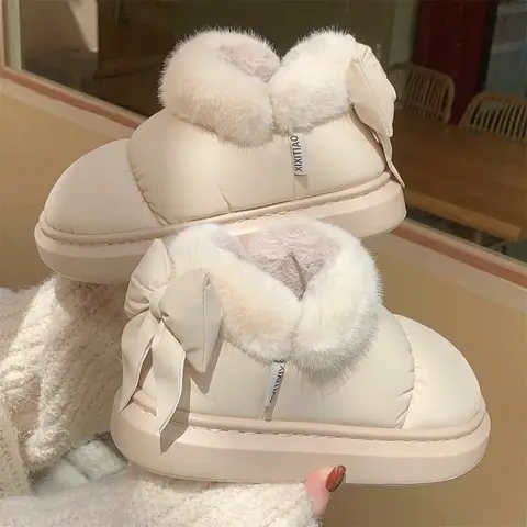 Bottines chaudes et mignonnes pour femme, chaussures chaudes en coton avec nœud en peluche, en tissu imperméable, à baril court, nouvelle collection hiver 2024