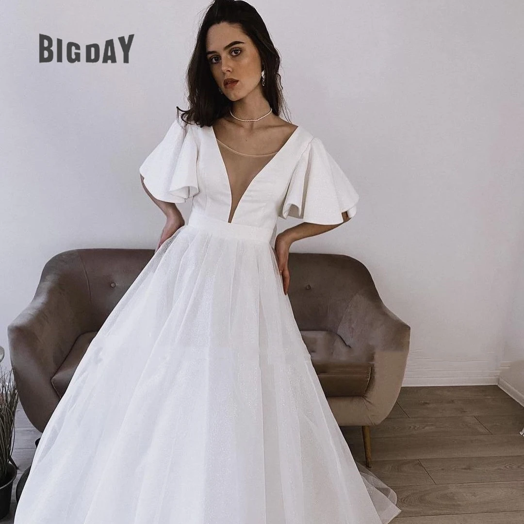 

Elegant Wedding Dress For Woman 2024 A-Line O-Neck Satin Short Sleeve Lace Up Bowknot Bridal Gown Sweep Train Vestido De Novia