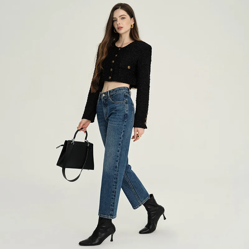 Retro Casual Denim Cropped Pants Streetwear Office Ladies Jeans Autumn Arrival Versatile Everyday Fit Slimming Height-Enhancing