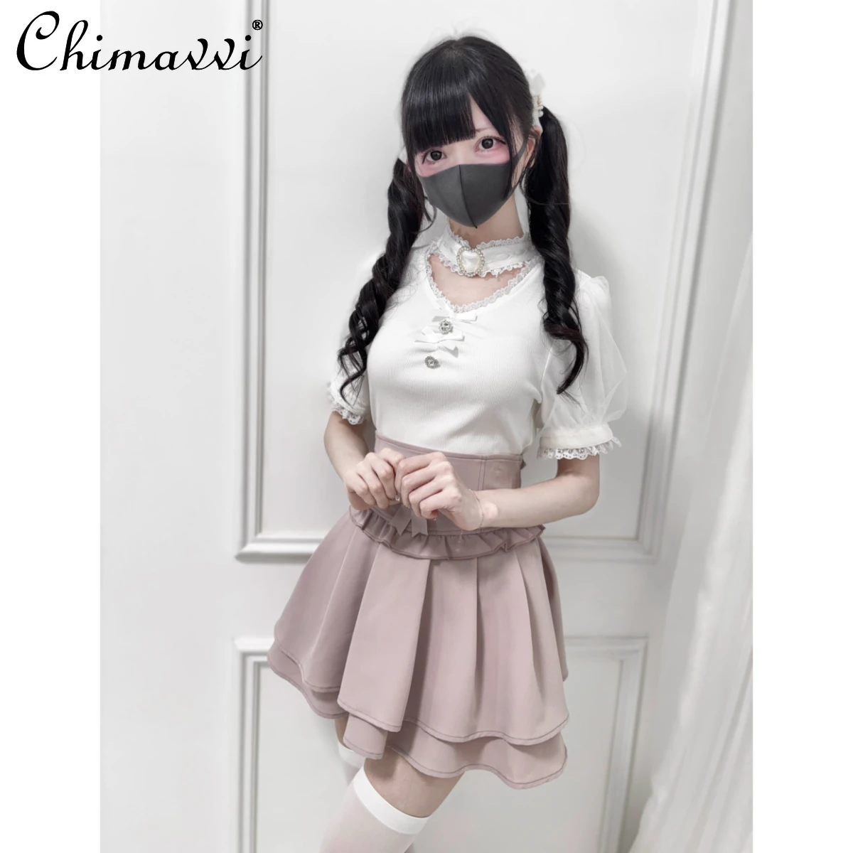 New Japanese Sweet Rhinestone Heart Collar V-Neck Knitted Short Sleeve T-Shirt Summer Mass-Produced Cute Bowknot Slim Lolita Top