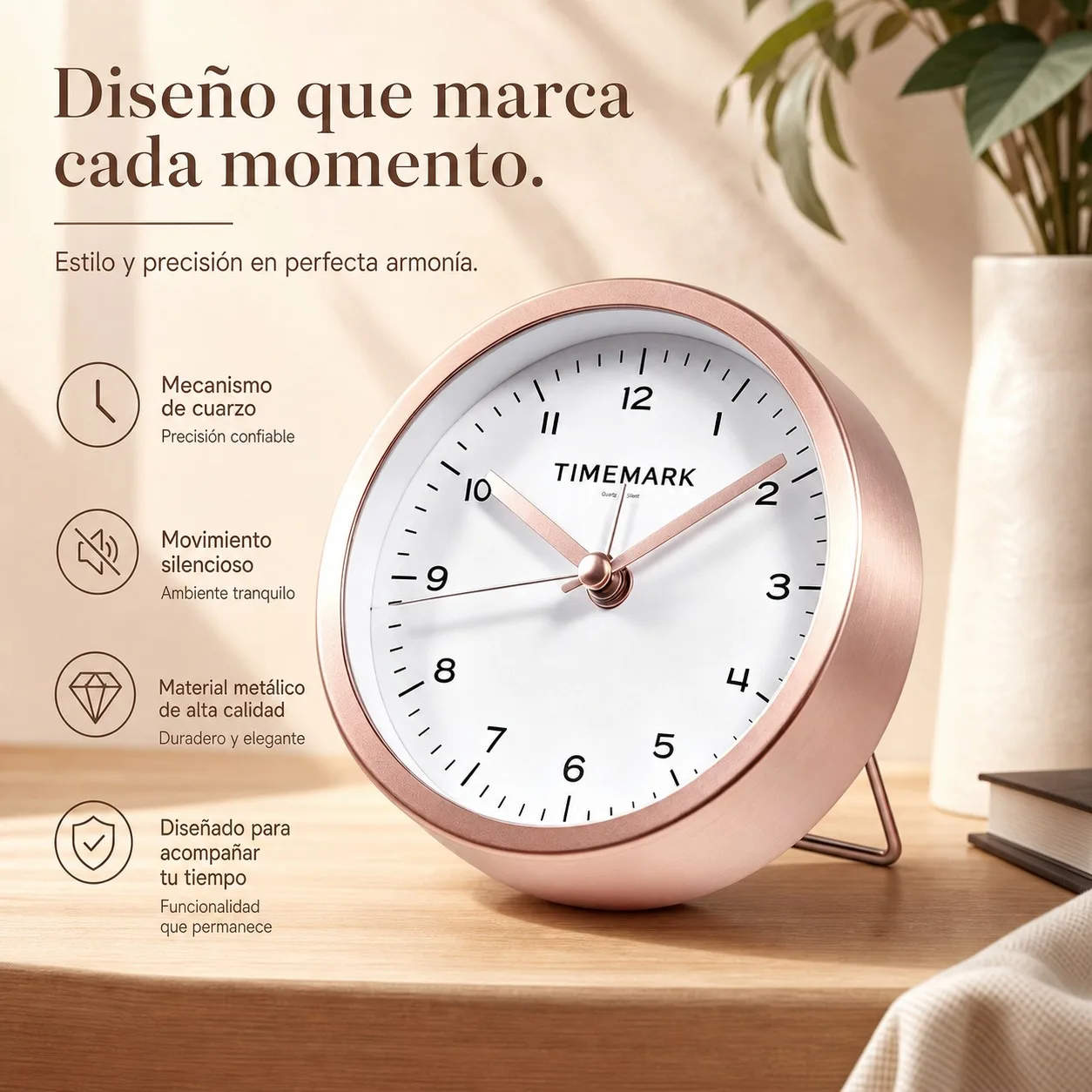 Réveil analogique en métal or rose, mécanisme à quartz silencieux haute précision, design circulaire minimaliste pour table de chevet et bureau