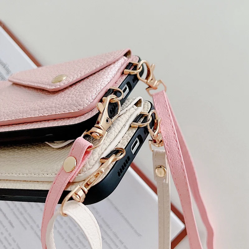 Luxury Crossbody strap lanyard wallet leather case for iPhone 16 13 12 16pro 15 pro 14pro max 12mini 11 card holder phone cover