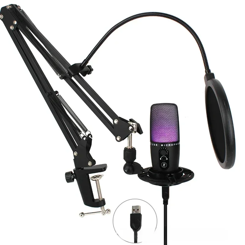 USB game microphone RGB light colorful and cool light effect microphone one-click silent microphone recording Karaoke live