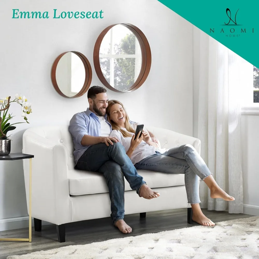 مقعد إيما لوف، مقعد أسطواني من الجلد الصناعي معنقدة بأزرار، أريكة حديثة في منتصف القرن بمقعدين، مقعد صغير للمساحة الصغيرة