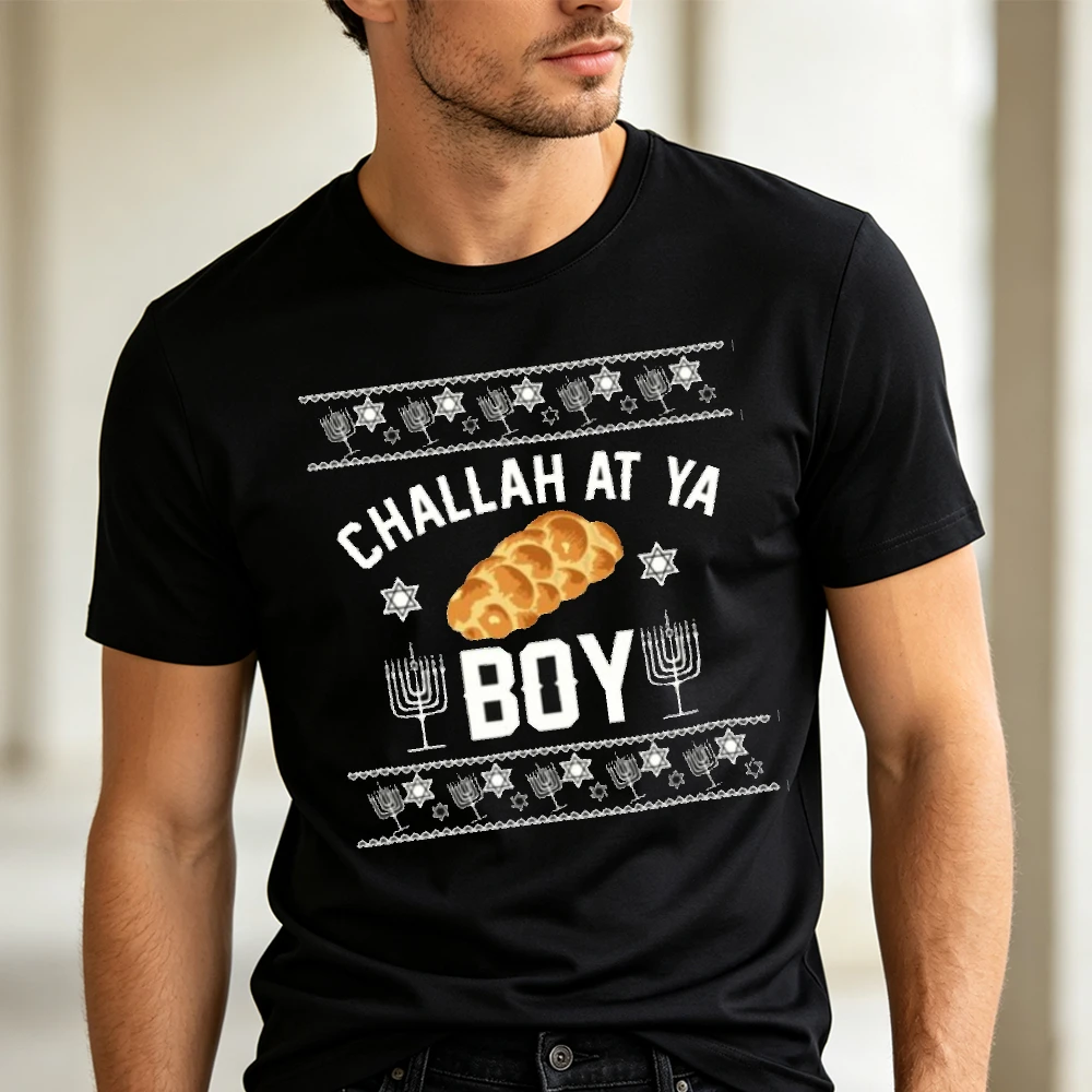 Challah At Ya Boy Hanukkah Graphic Men T-shirt Jewish Cultural Bread Print Tee Casual Short Sleeve Holiday Festival Party Shirt