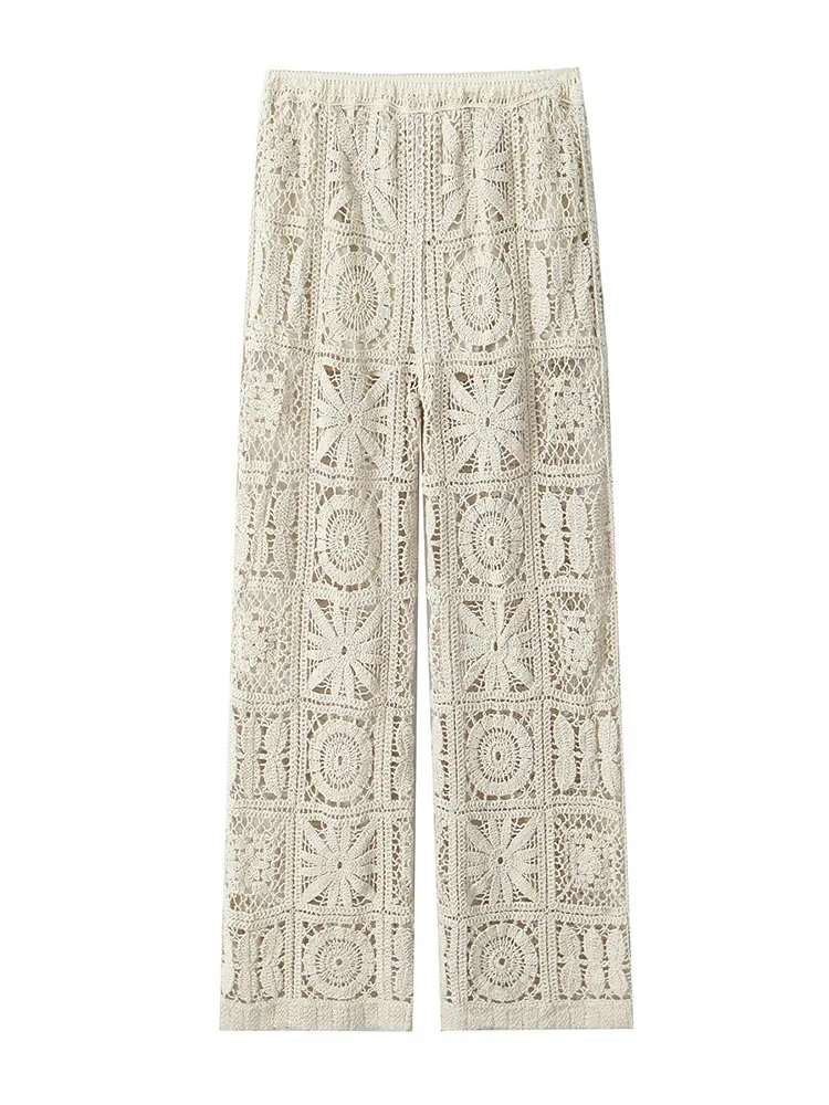 Women Fashion Knitted Top Pants Sets Fashion Causal Hollow Out Single Breasted Sweater Elastic Waist Pants Suit Spring Summer
