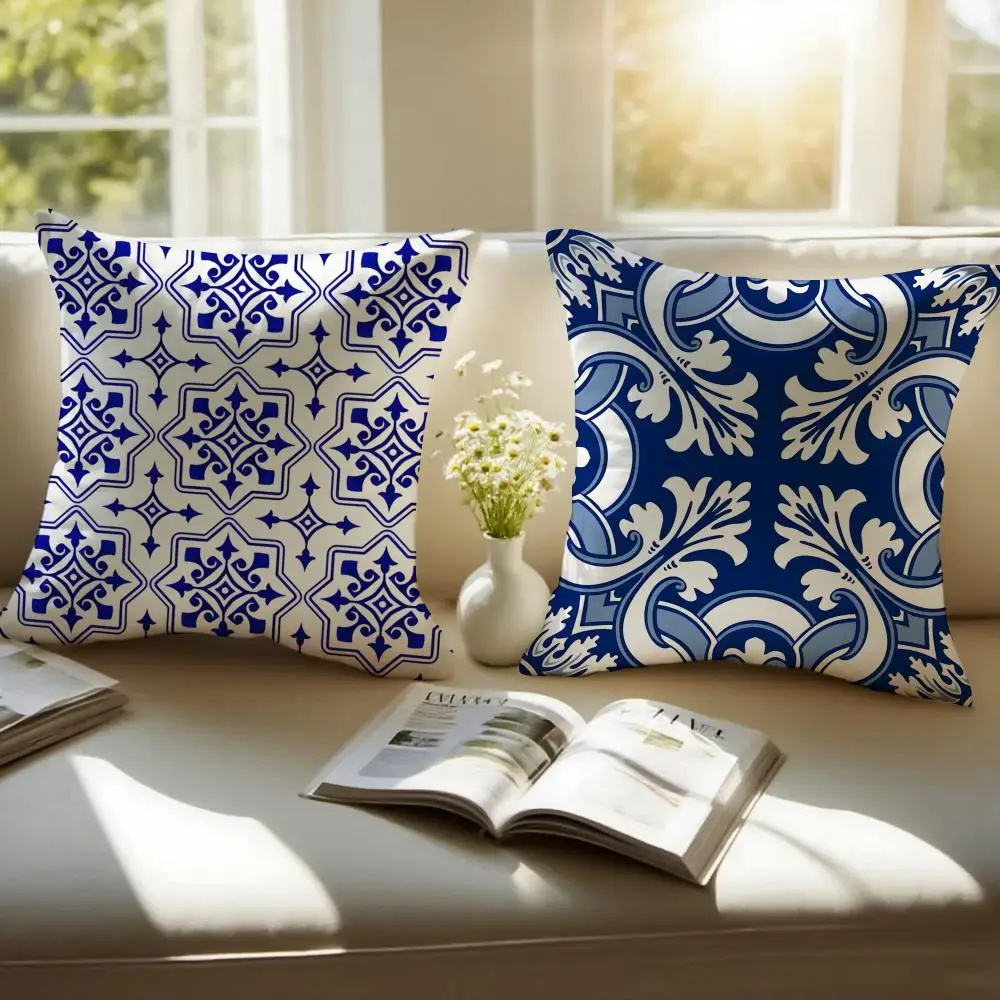 Fashion blue tiles Luxury icon Cushion Cover Pillowcase Anti-dustmite Invisible Zipper Short Plush Sofa Cushion