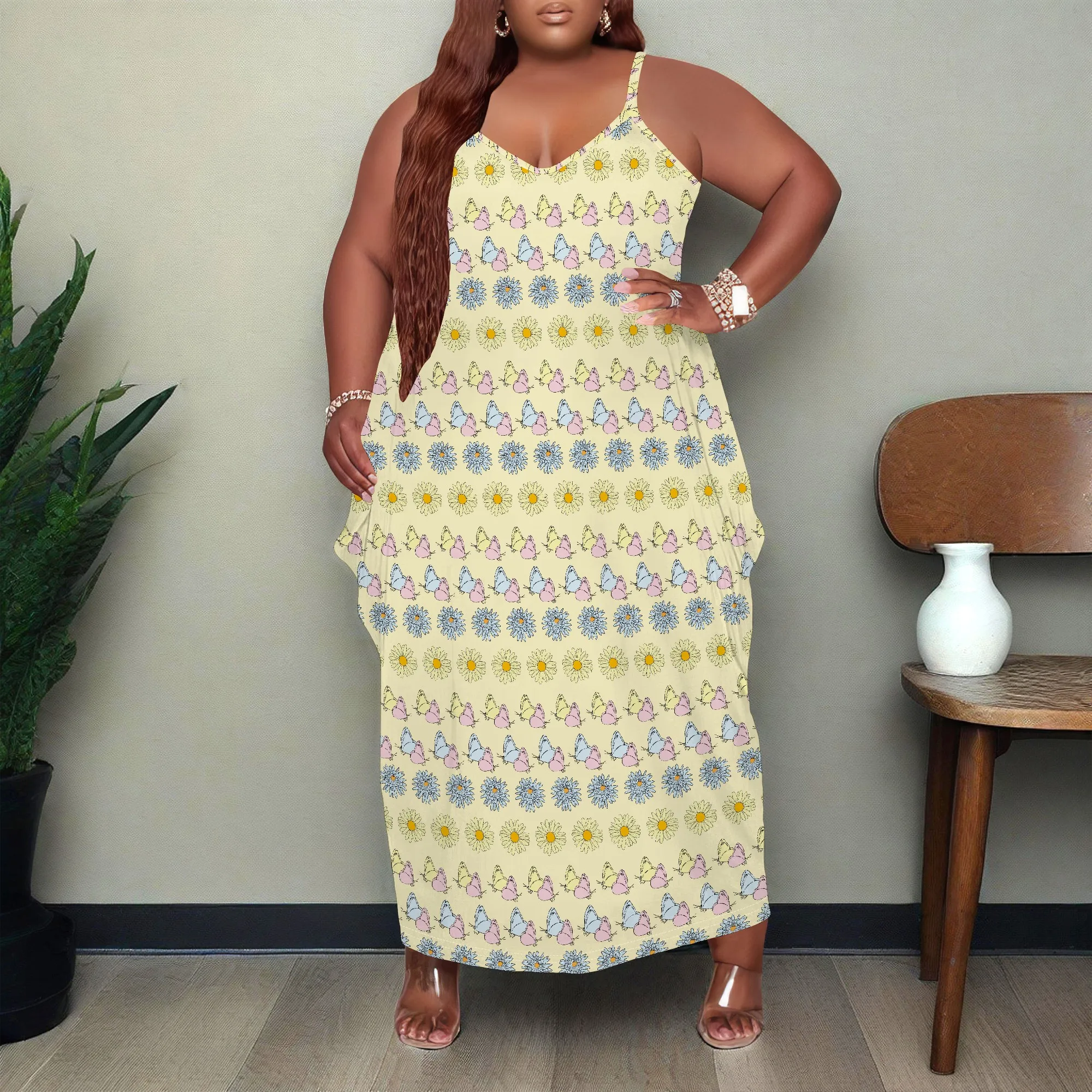 Vestido de talla grande para mujer, vestido largo holgado con bolsillo, transpirable, estampado de mariposa bohemio XL-6XL