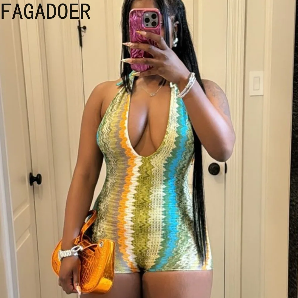 

FAGADOER Sexy Color Printing Bodycon Halter Rompers Women Deep V Sleeveless Backless Slim Jumpsuits Female Lace Up Overalls 2024