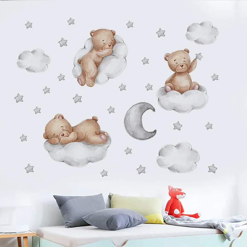 Cartoon Teddy Bear Wall Stickers, Good Night, Clouds, Moon, Children's Bedroom, Study, Home, Wall Decoration