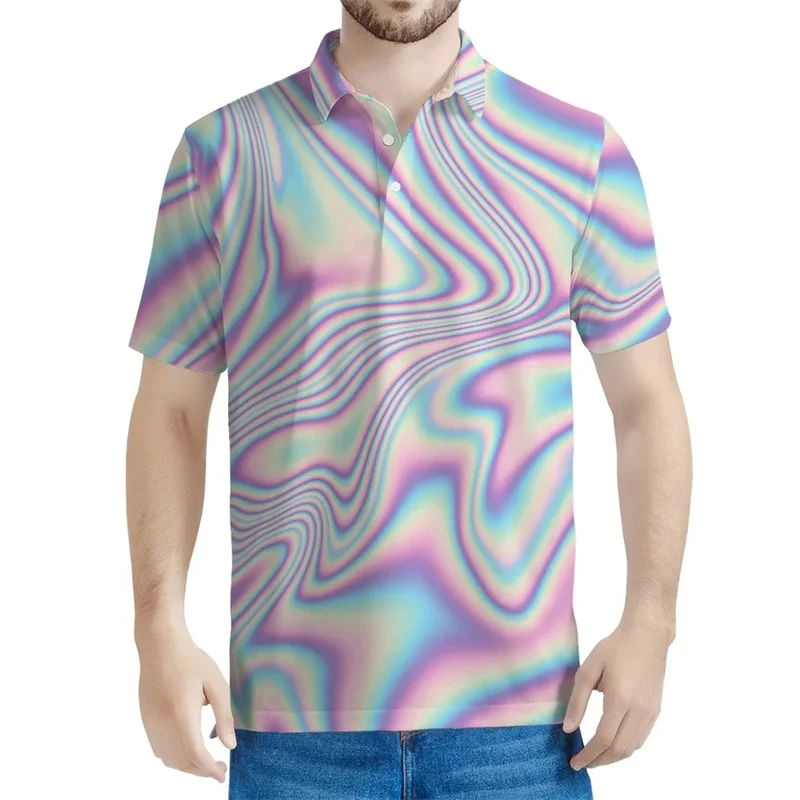 Psychedelic Holographic Graphic Print Mens Polo Shirt Fashion Design Short Sleeve Oversized T Shirts Mens Golf Polo Shirts Top