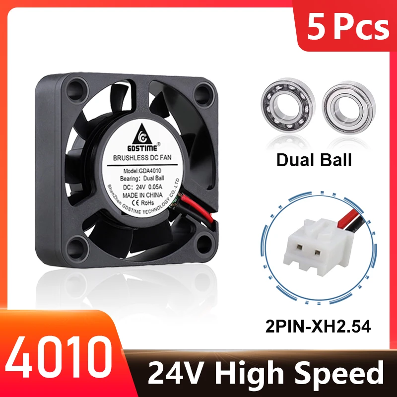 5 Pcs Gdstime 4010 DC 24V Brushless 2PIN 4CM Cooler Dual Ball 40mm Mini Radiator 40x40x10mm Fan for 3D Printer Extruder Cooling