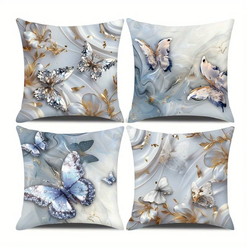 Blue Butterfly and Floral Cushion Cover Polyester Pillowcase with Zipper Living Room Bedroom Decoration Machine Washable