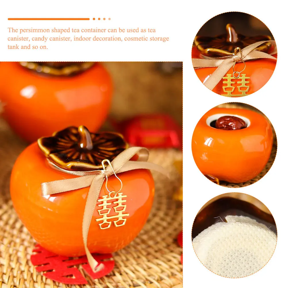 

2Pcs Ceramic Persimmon Tea Container Sealed Candy Storage Jar Kitchen Storage Canister Ceramic Jar Powder Holder