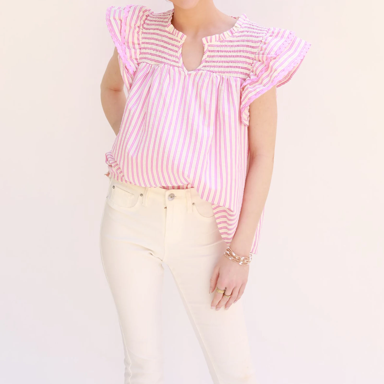 

Women Summer Striped Shirt Tops Ric-Rac Trim Short Ruffle Flying Sleeve V-Neck Smocked Loose Casual Blouse Streetwear
