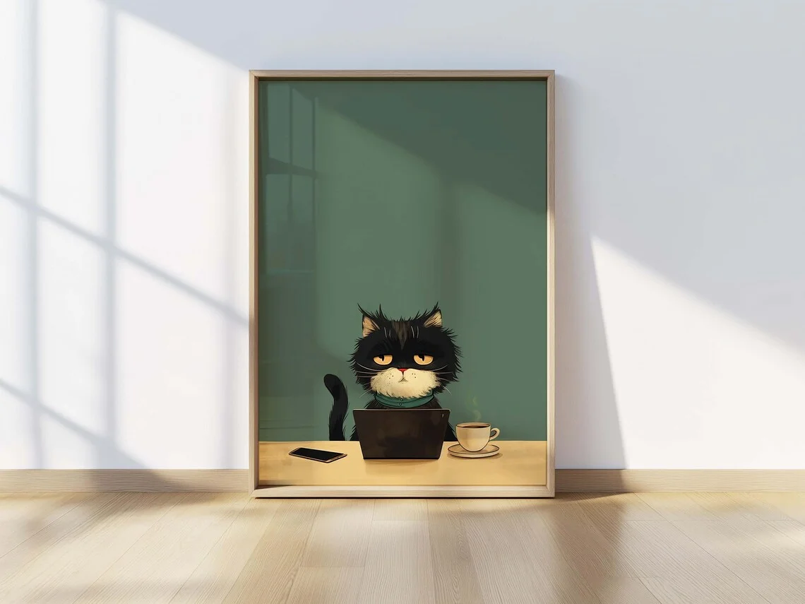 “Whimsical Grumpy Black Cat Wall Art: Cute Feline Working from Home with Laptop & Coffee – Retro-Styled Office/Living Room Decor