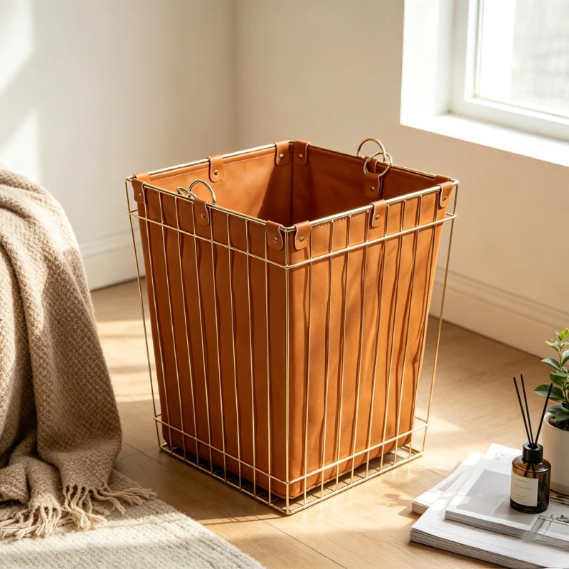 Modern Metal Laundry Basket with Leather Collapsible Storage Bin for Bedroom Home Organization Multi-purpose Durable Hamper
