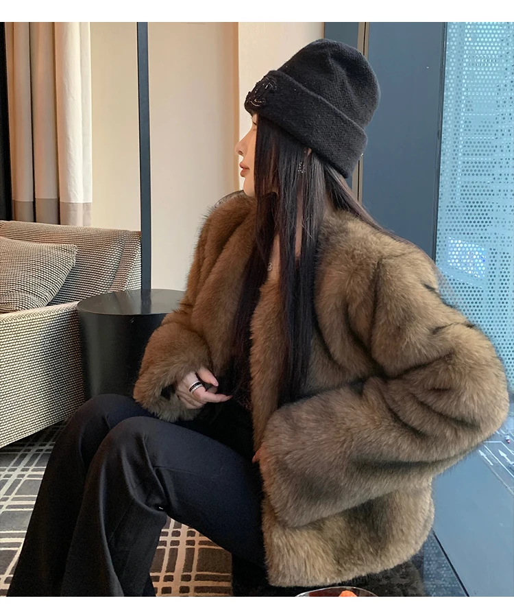 ZAROY 2027 Winter Faux Fox Fur Coat Chic Women Brown Luxury Fluffy Soft Warm Fur Jacket Fashion Colarless Cardigan Fur Outerwer