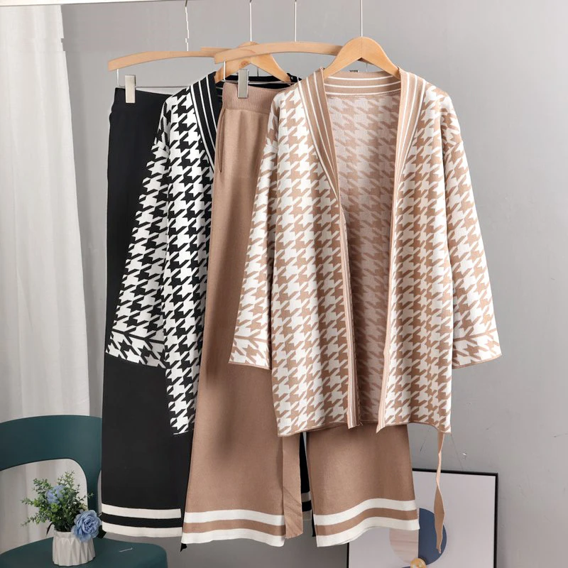 

Oversized Houndstooth Knit Women Cardigan Sweater Tracksuits Autumn Winter Knitted Wide Leg Pants Suits 2/Two Pieces Set