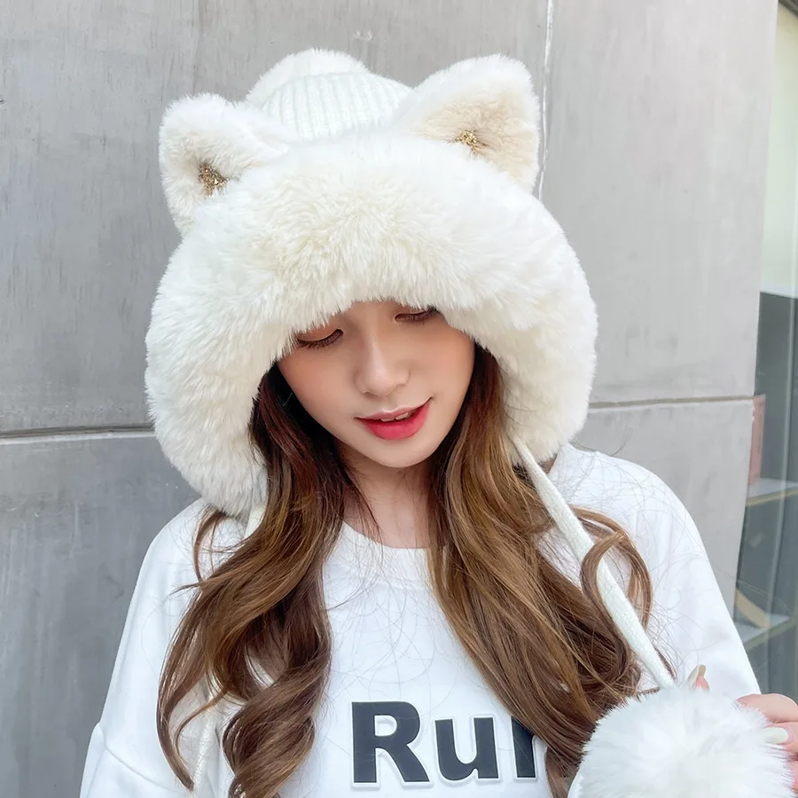 Knitted Hat Female Winter Cute Cartoon Sequins Cat Ears Hairball Wool Hat Fleece Thickened Fur Collar Thermal Hat