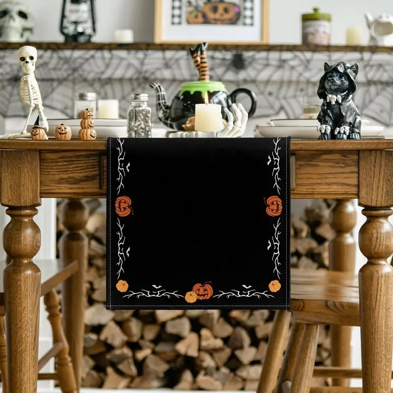 VIKAMA Halloween Table Runner Border Design Pumpkin Bat Spooky Twig for Dining Table Home Minimalist Holiday Party Decor