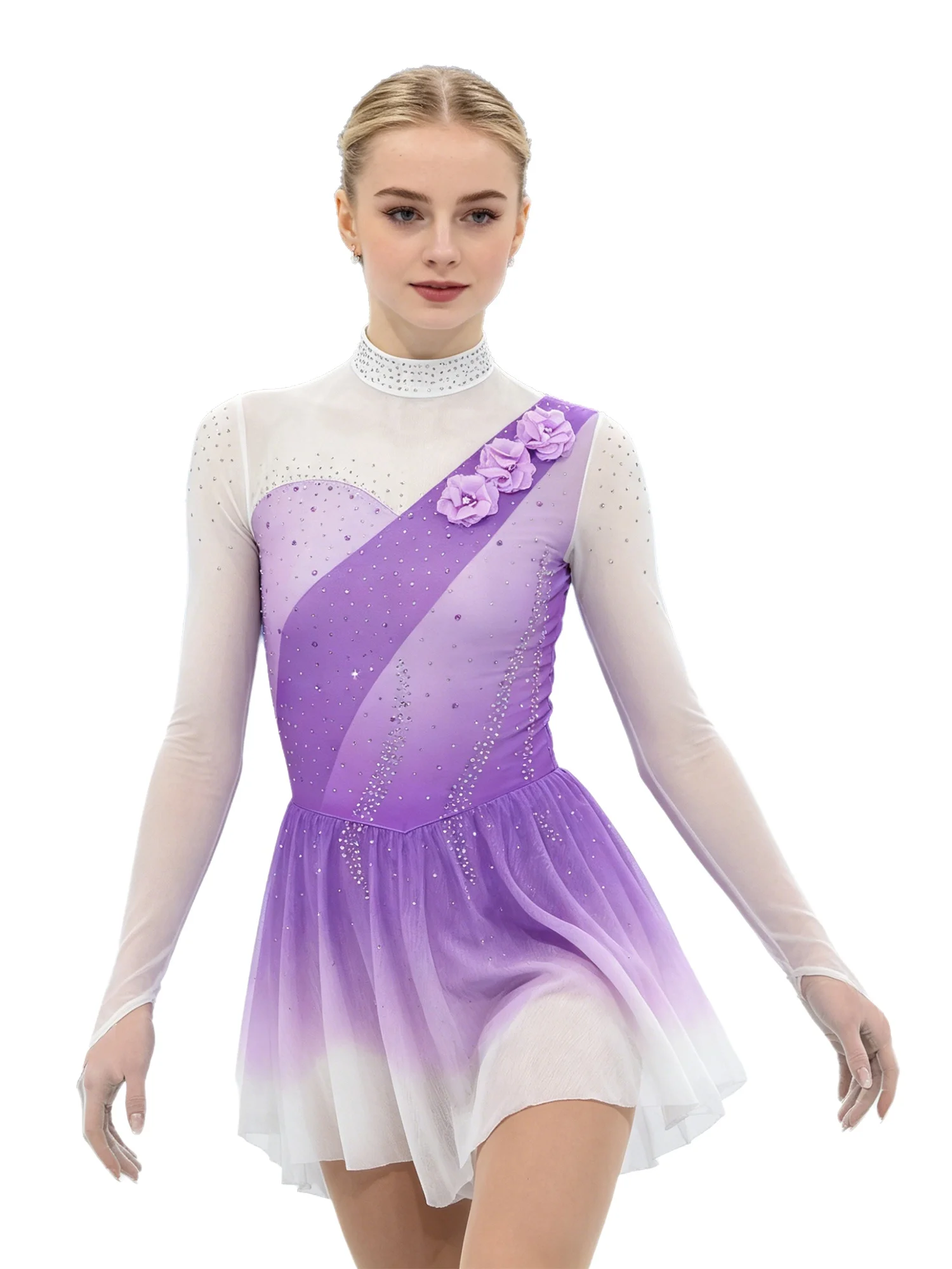 Women Figure Skating Performance Costume Long Sleeve Applique Rhinestone Mesh Ballet Dance Gymnastics Acrobatics Bodysuit Dress