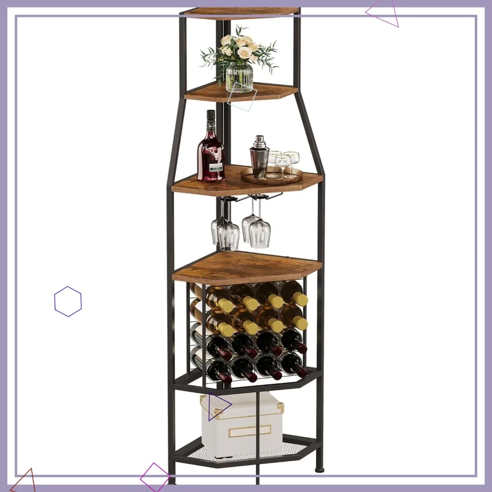 

5-Tier Corner Wine Rack with Glass Holder & Bottles Storage, Industrial Metal and Wooden Shelf for Home Kitchen Dining Room
