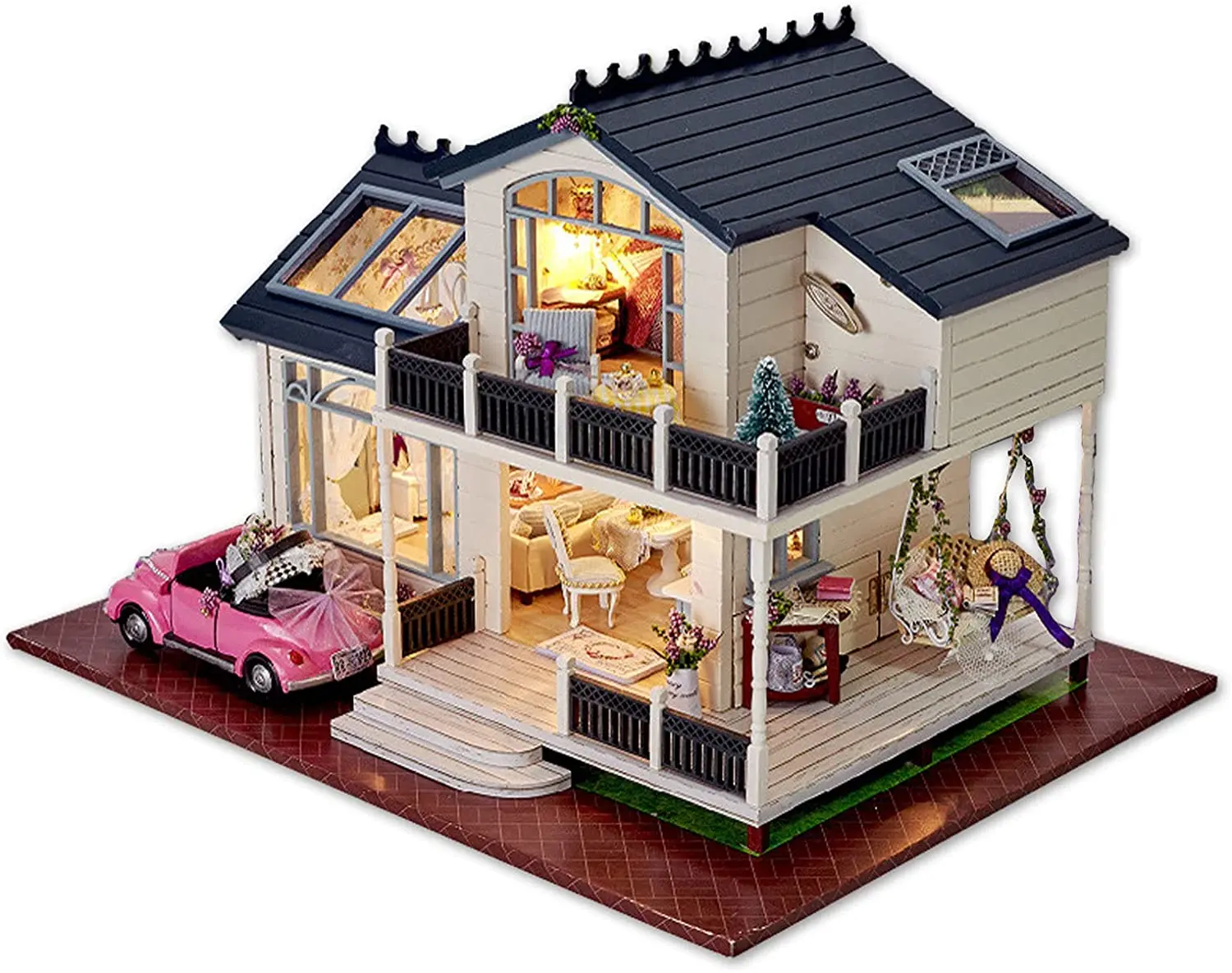 

DIY Dollhouse Miniature Kit with Furniture, 3D Wooden Dollhouse Kit & LED Light & Music Movement, 1:24 Scale Creative Room Toys
